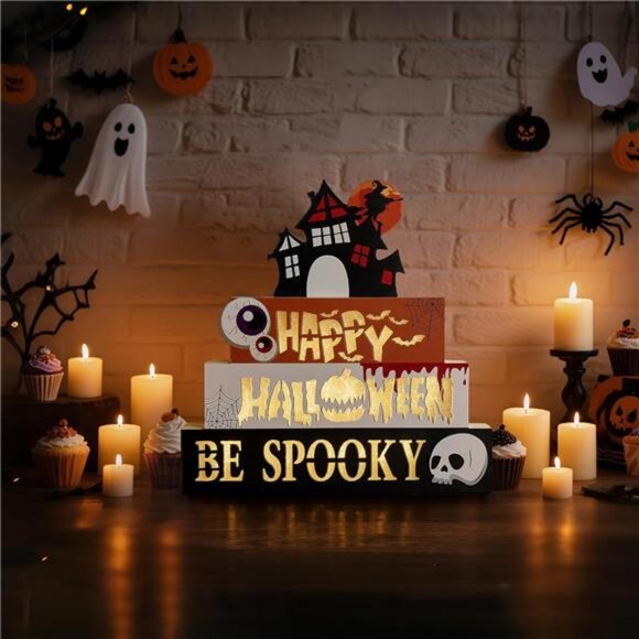 Halloween Decorations Indoor 9.4" 4-Tier Wooden Block Set with Glowing 3D - Picture 3 of 8